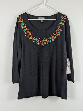 The Collective Works of Berek 2 Beaded Embellished Black Tunic Top 1X VTG 90s